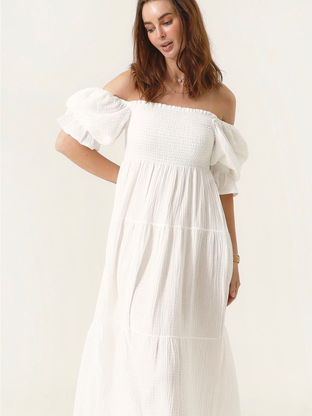 Nothing Fits But Kiko Off-Shoulder Puff Sleeve White Midi Dress